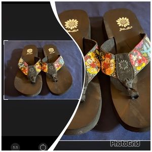 New Yellow Box flip flops with Mickey & Minnie Mouse on them